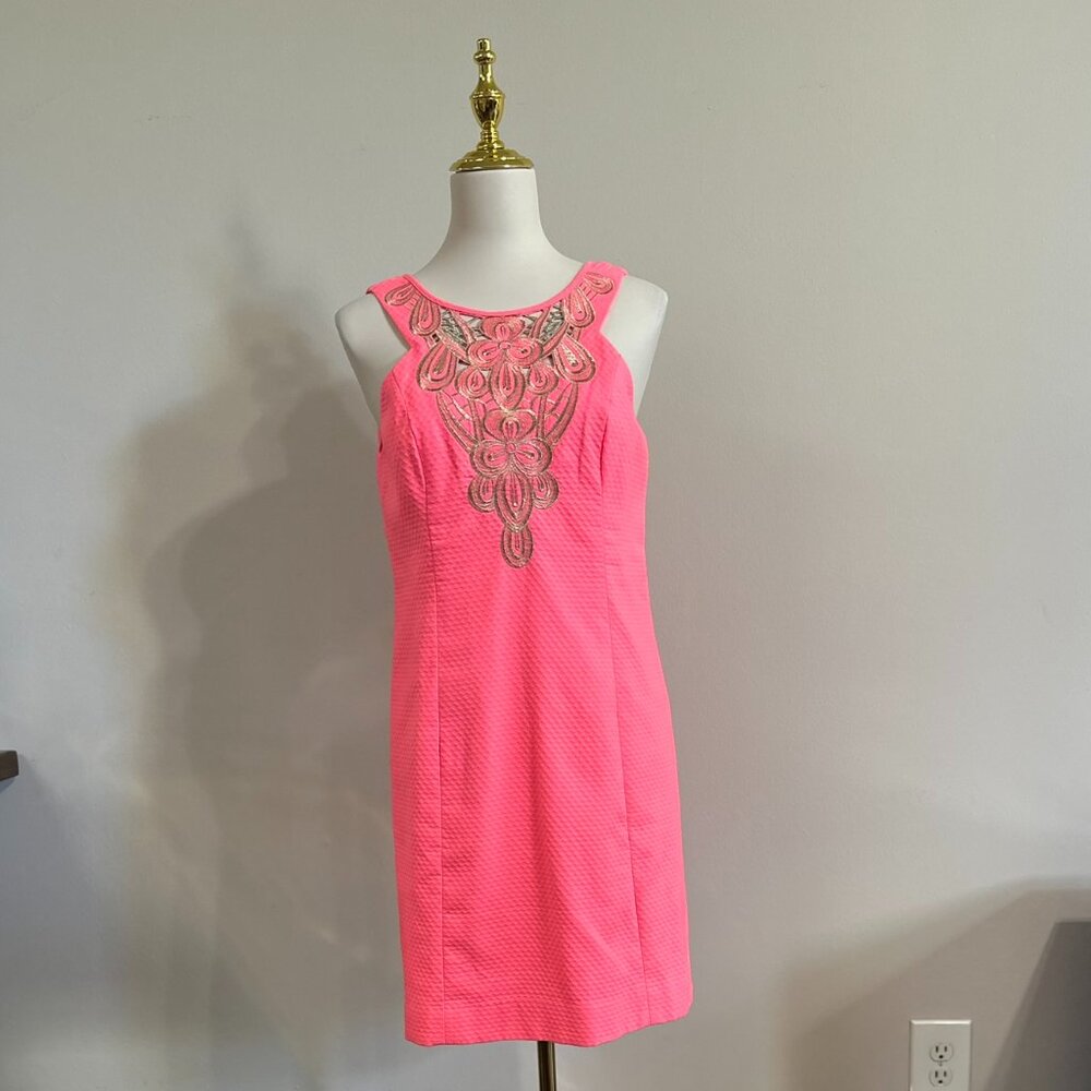 Lilly Pulitzer Pink Textured Shift Dress Gold Embroidered Neckline